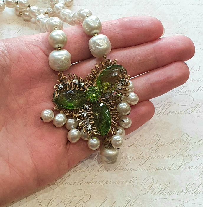 Miriam Haskell Vintage Necklace Pearl Green Glass - The Hirst Collection