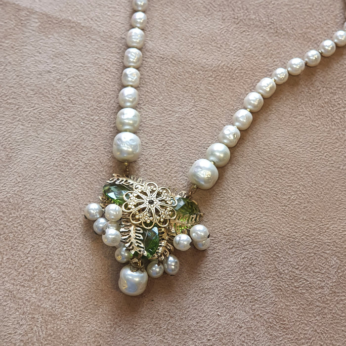 Miriam Haskell Vintage Necklace Pearl Green Glass - The Hirst Collection