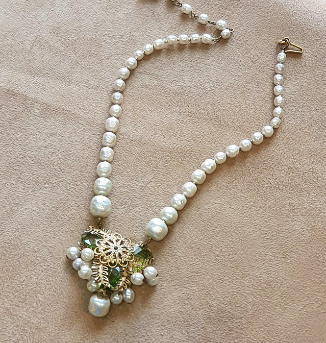 Miriam Haskell Vintage Necklace Pearl Green Glass - The Hirst Collection