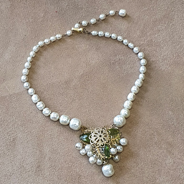Miriam Haskell Vintage Necklace Pearl Green Glass - The Hirst Collection