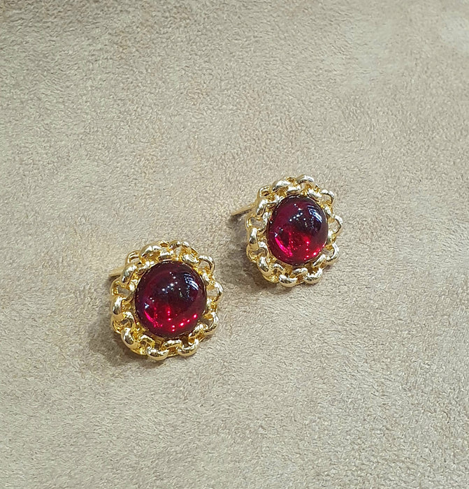 Red Glass Cabochon rope trim Clip on Vintage Earrings - The Hirst Collection