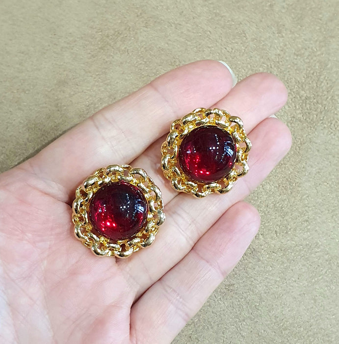 Red Glass Cabochon rope trim Clip on Vintage Earrings - The Hirst Collection