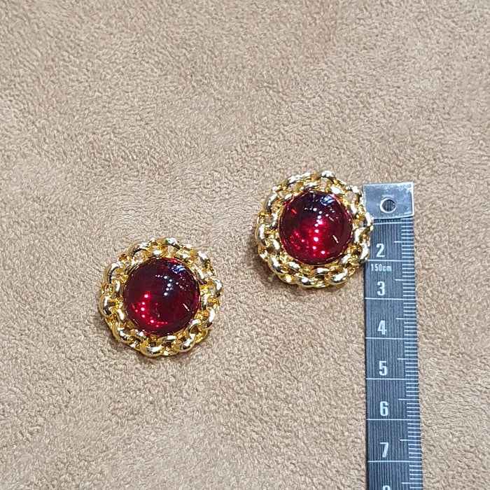 Red Glass Cabochon rope trim Clip on Vintage Earrings - The Hirst Collection