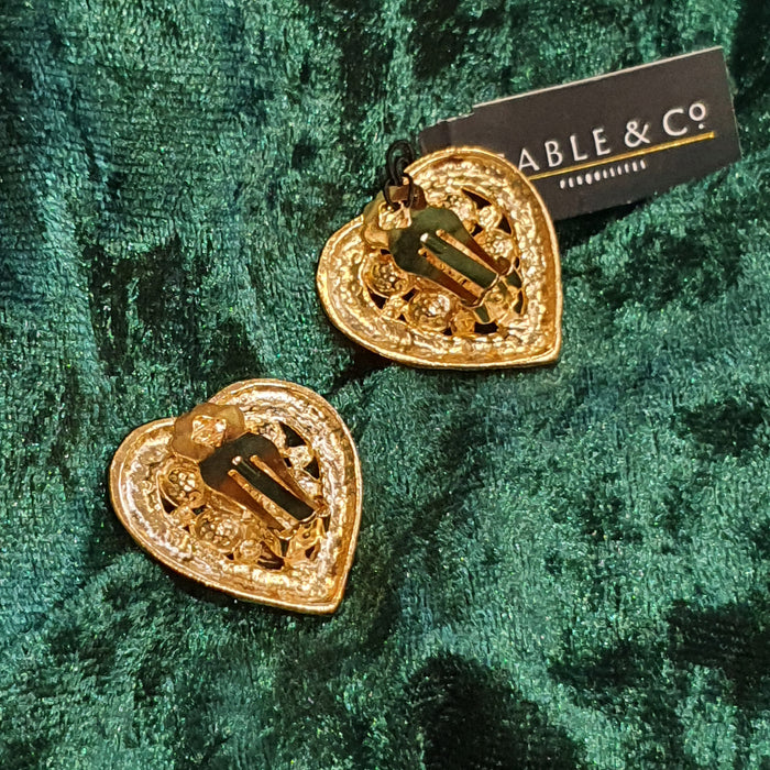 Vintage Gold Plated Heart Clip on Earrings with Pearl Stones