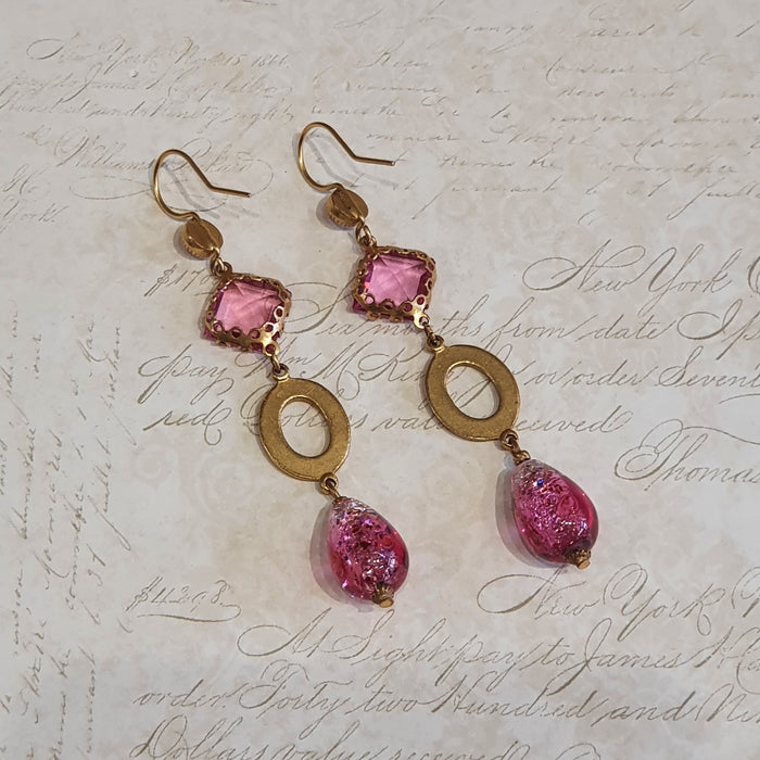 Askew London Pink Glass Drop Earrings Crystal Stone Gold Plated