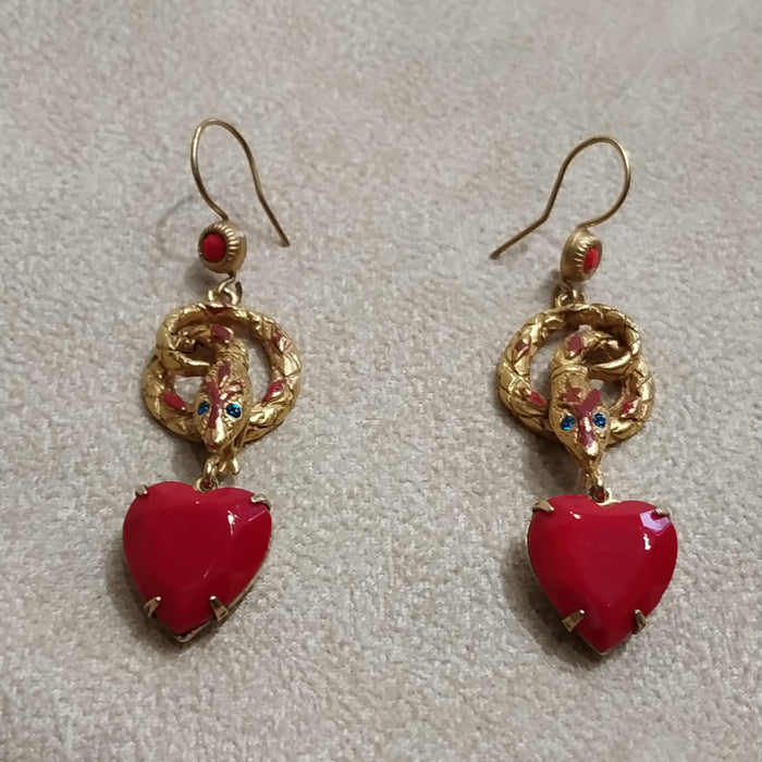 Snake Charm earrings by Askew London with red heart charms unsigned - The Hirst Collection