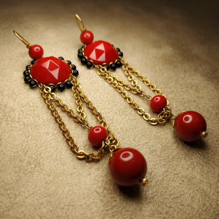 Askew London Clip on Chandleier Earrings Gold Red Statement Unsigned - The Hirst Collection