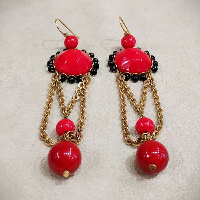 Askew London Clip on Chandleier Earrings Gold Red Statement Unsigned - The Hirst Collection