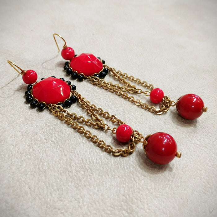 Askew London Clip on Chandleier Earrings Gold Red Statement Unsigned - The Hirst Collection