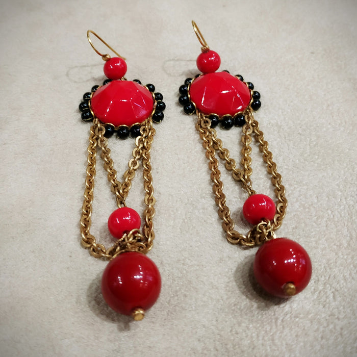 Askew London Clip on Chandleier Earrings Gold Red Statement Unsigned - The Hirst Collection