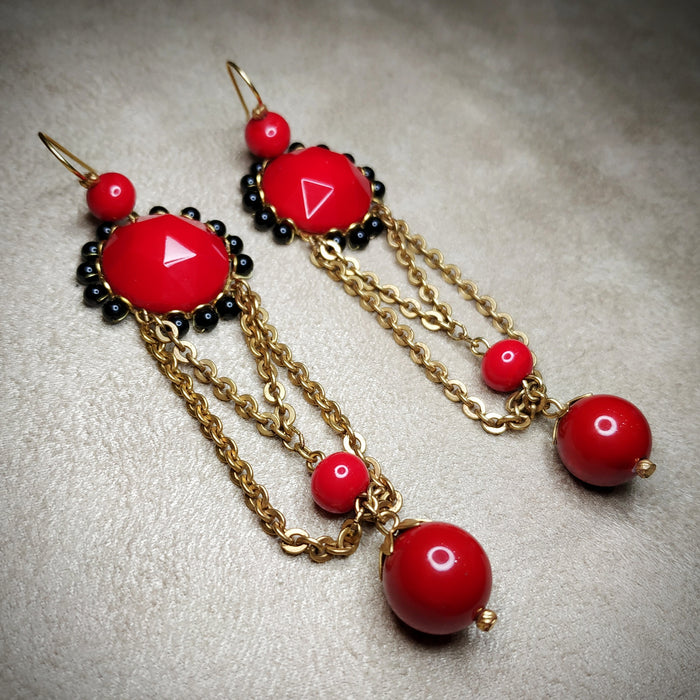 Askew London Clip on Chandleier Earrings Gold Red Statement Unsigned - The Hirst Collection