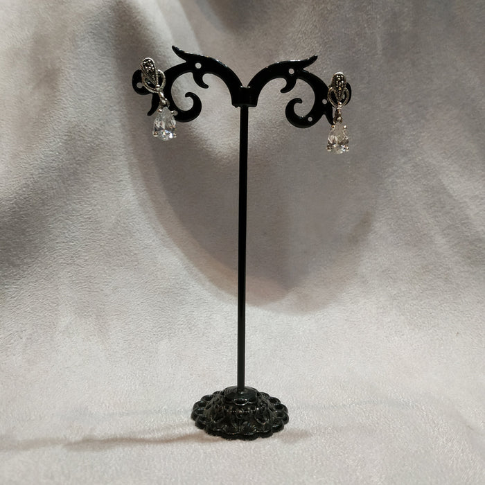Clear Crystal Earrings Teardrop Silver Marcasite - The Hirst Collection