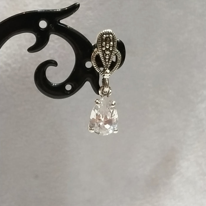Clear Crystal Earrings Teardrop Silver Marcasite - The Hirst Collection