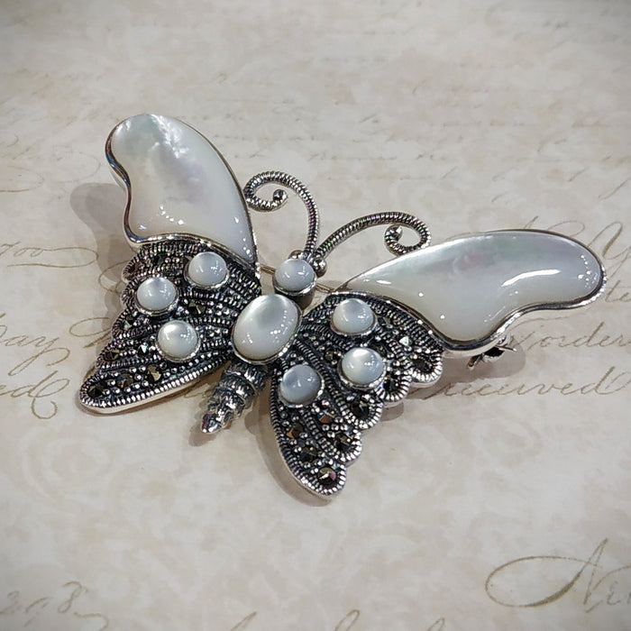 Butterfly Brooch in mother of pearl Silver Marcasite Pendant - The Hirst Collection