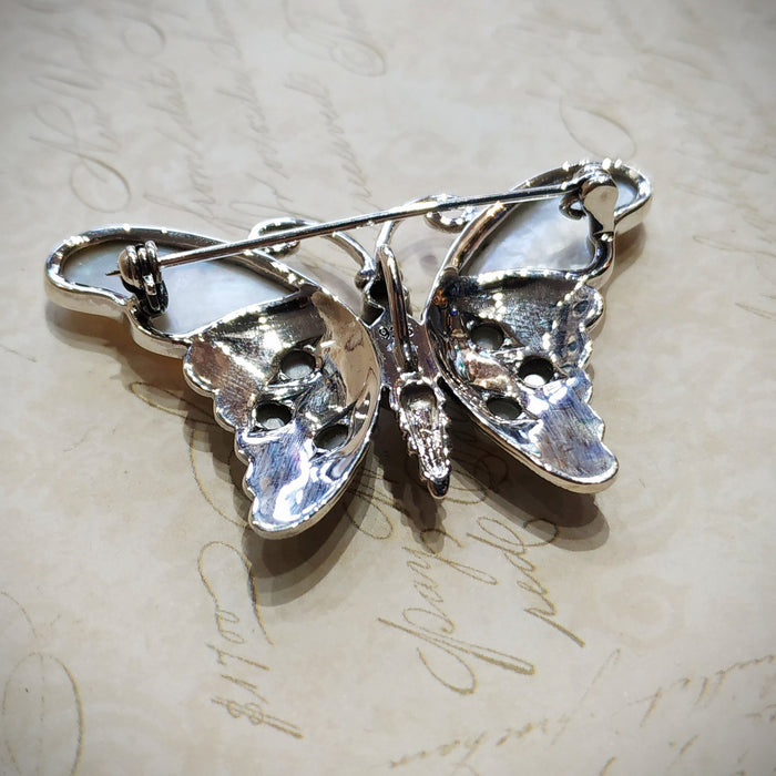 Butterfly Brooch in mother of pearl Silver Marcasite Pendant - The Hirst Collection