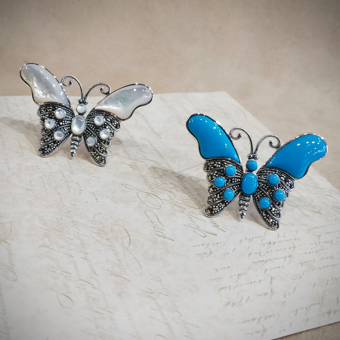 Butterfly Brooch Turquoise Silver Marcasite Pendant - The Hirst Collection