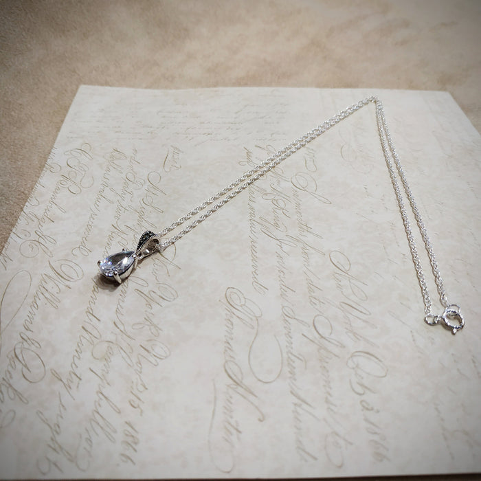 Clear Crystal Teardrop Pendant Silver Marcasite - The Hirst Collection