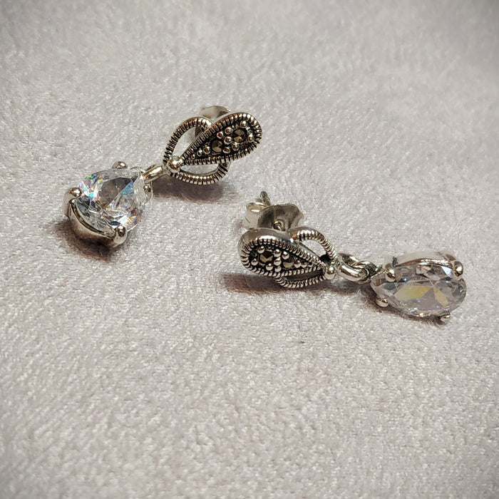 Clear Crystal Earrings Teardrop Silver Marcasite - The Hirst Collection