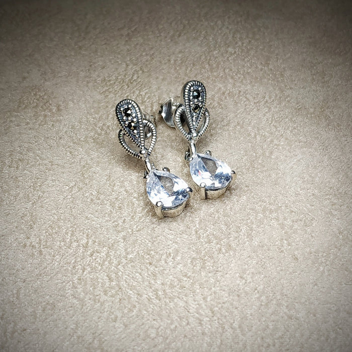 Clear Crystal Earrings Teardrop Silver Marcasite - The Hirst Collection