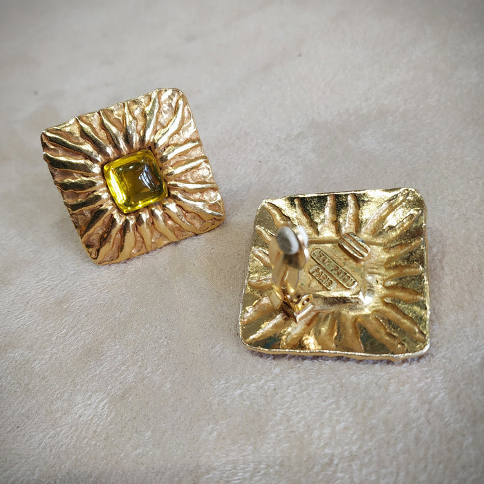Jean Patou Yellow Gold Square  clip on earrings - The Hirst Collection