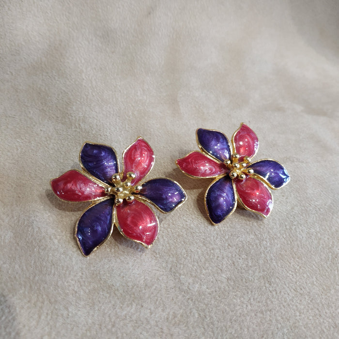 Pink Purple Vintage Enamel Flower Earrings - The Hirst Collection