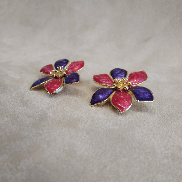 Pink Purple Vintage Enamel Flower Earrings - The Hirst Collection