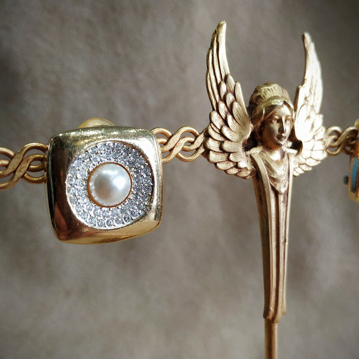 Grosse Earrings vintage gold Sqaure Pearl Crystal clip on - The Hirst Collection