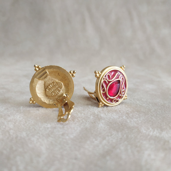 Red Round Earrings by Rima Ariss Clip On Gold - The Hirst Collection
