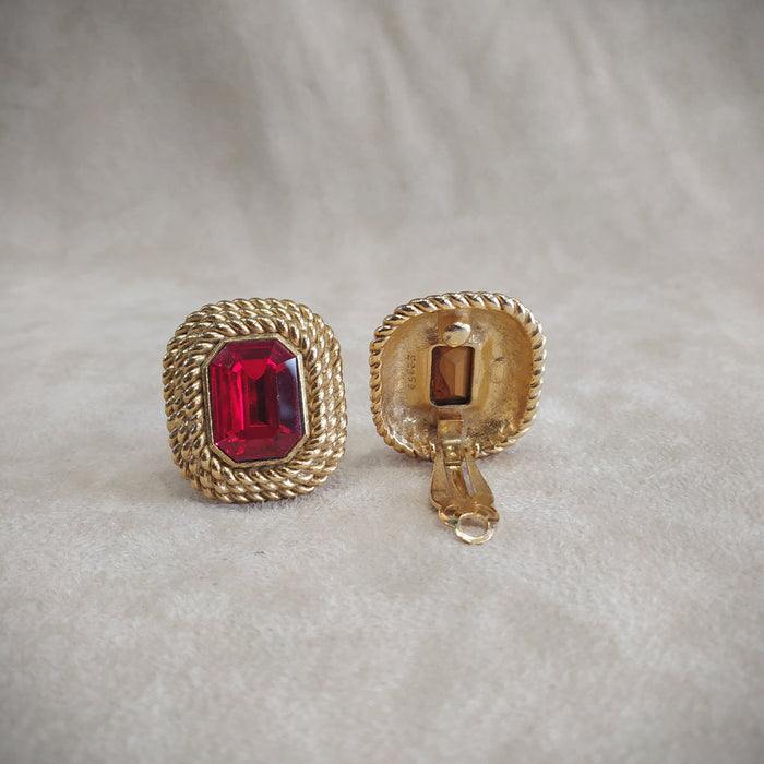 Red Square Earrings by Sphinx Clip On Gold - The Hirst Collection