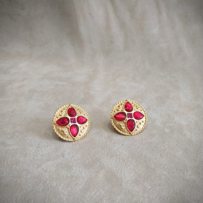 Red Round Earrings by Rima Ariss Clip On Gold - The Hirst Collection