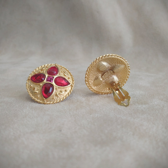 Red Round Earrings by Rima Ariss Clip On Gold - The Hirst Collection
