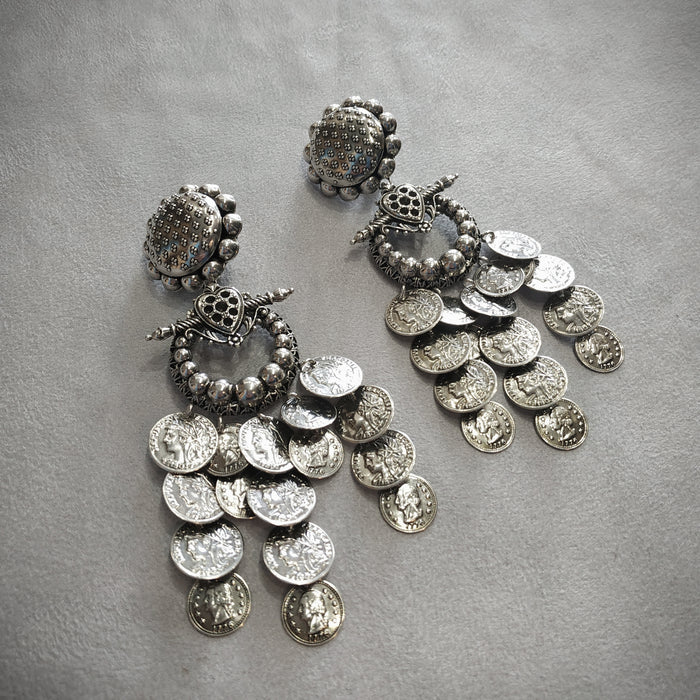Statement vintage coin stamping drop chandelier earrings - The Hirst Collection