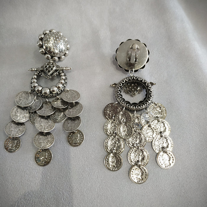 Statement vintage coin stamping drop chandelier earrings - The Hirst Collection