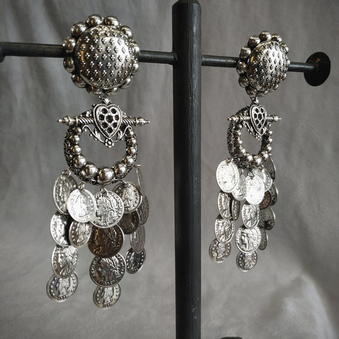 Statement vintage coin stamping drop chandelier earrings - The Hirst Collection