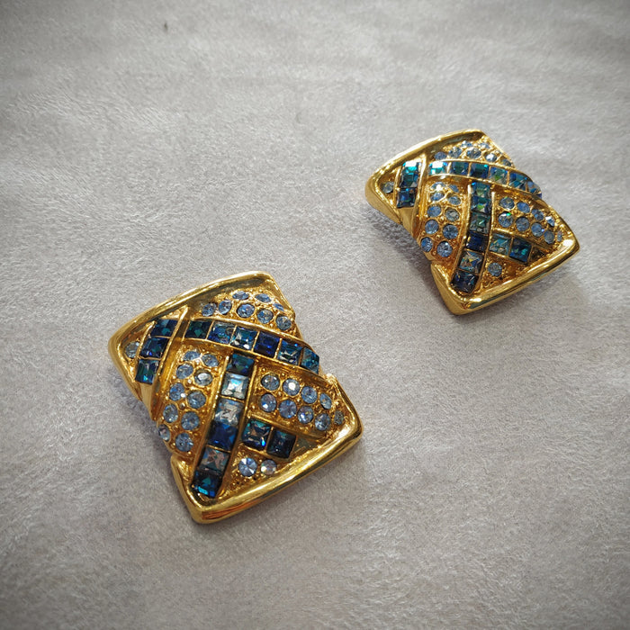 Yves Saint Laurent  Vintage Clip On Earrings Gold Blue Crystal Sqaure - The Hirst Collection