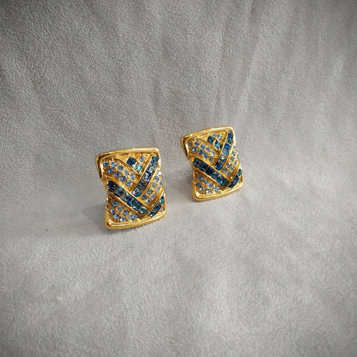 Yves Saint Laurent  Vintage Clip On Earrings Gold Blue Crystal Sqaure - The Hirst Collection