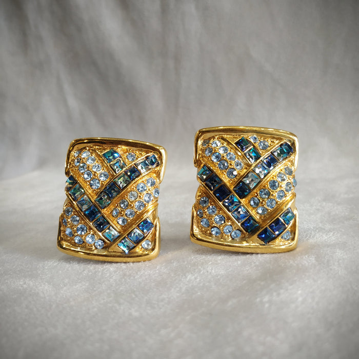 Yves Saint Laurent  Vintage Clip On Earrings Gold Blue Crystal Sqaure - The Hirst Collection