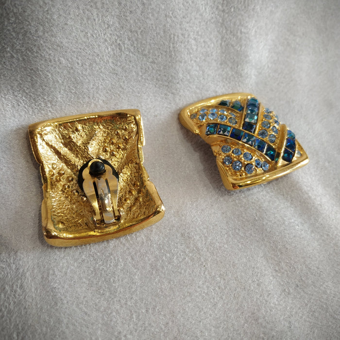 Yves Saint Laurent  Vintage Clip On Earrings Gold Blue Crystal Sqaure - The Hirst Collection