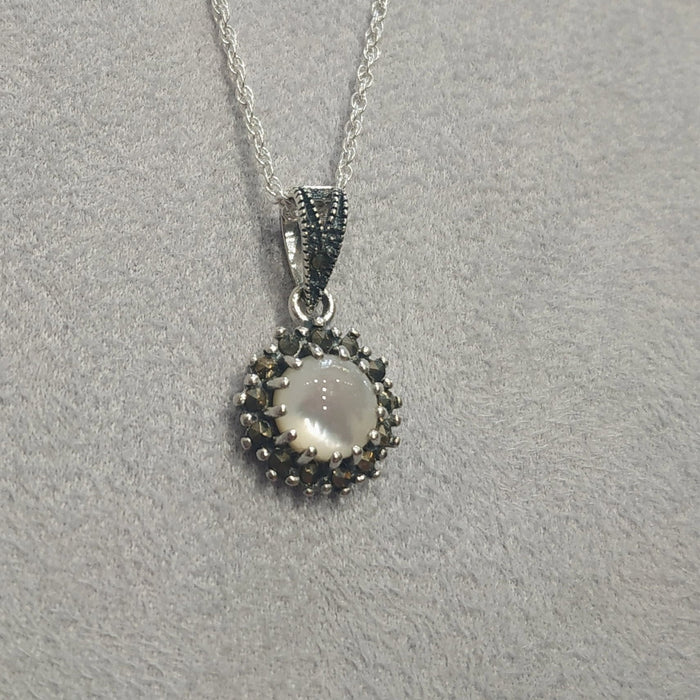 Sparkly Mother of Pearl Marcasite Silver Pendant - The Hirst Collection