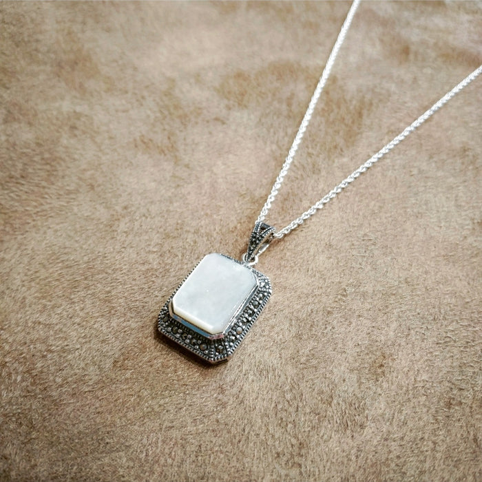 Mother of Pearl Bridal Queen Solitaire Pendant Necklace Silver Marcasite - The Hirst Collection