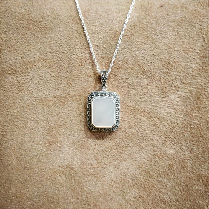 Mother of Pearl Bridal Queen Solitaire Pendant Necklace Silver Marcasite - The Hirst Collection