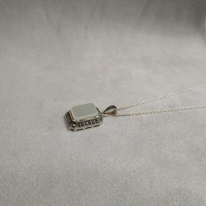 Mother of Pearl Bridal Queen Solitaire Pendant Necklace Silver Marcasite - The Hirst Collection