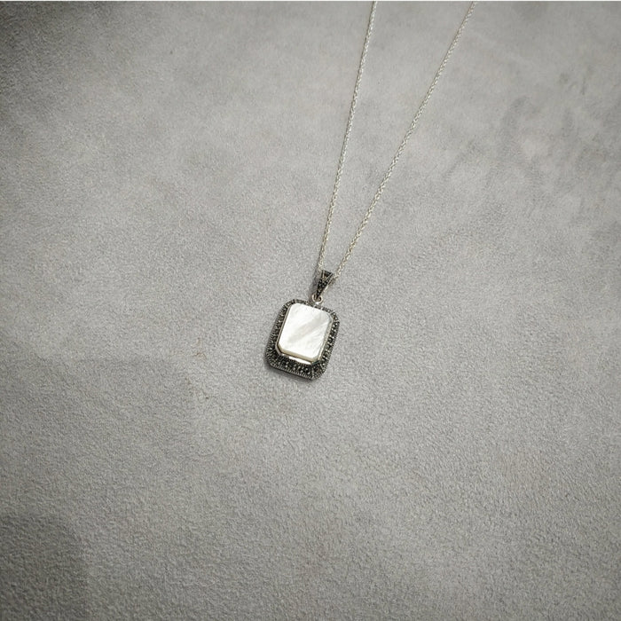 Mother of Pearl Bridal Queen Solitaire Pendant Necklace Silver Marcasite - The Hirst Collection
