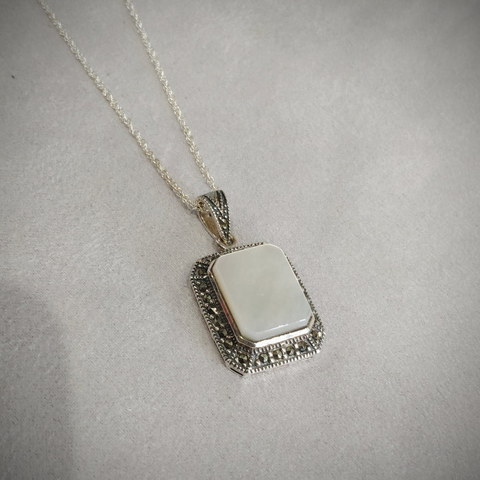 Mother of Pearl Bridal Queen Solitaire Pendant Necklace Silver Marcasite - The Hirst Collection