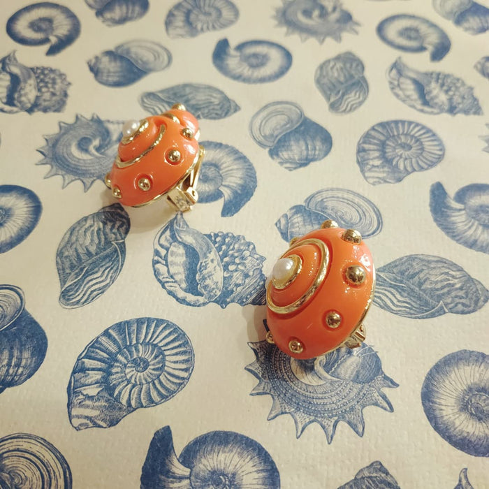 Kenneth Jay Lane Coral Conch Shell clip on Earrings - The Hirst Collection