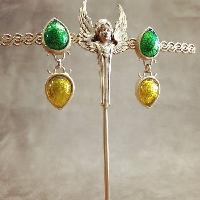 Rima Ariss Green Yellow Foil Glass Clip On Drop earrings - The Hirst Collection