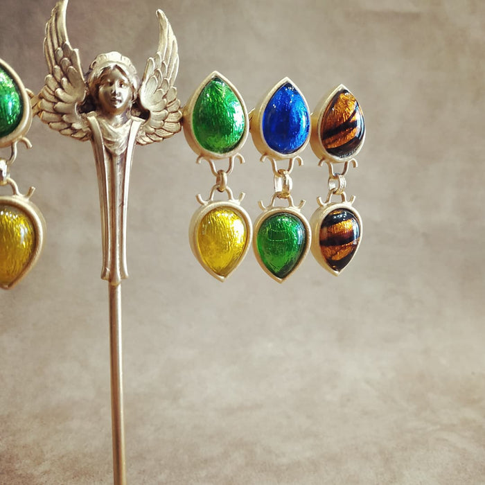 Rima Ariss Green Blue Foil Glass Clip On Drop earrings - The Hirst Collection
