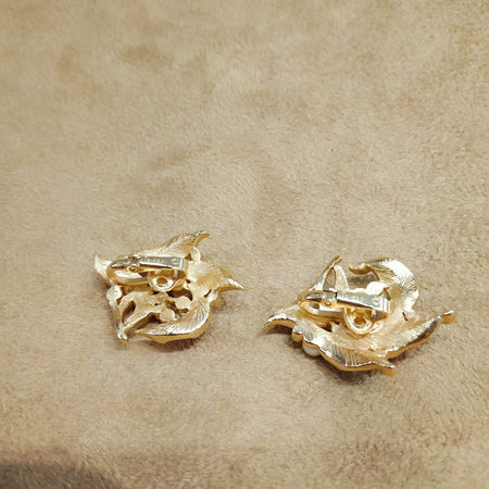 Trifari Golden Crystal Pearl Leafy Earrings Vintage - The Hirst Collection
