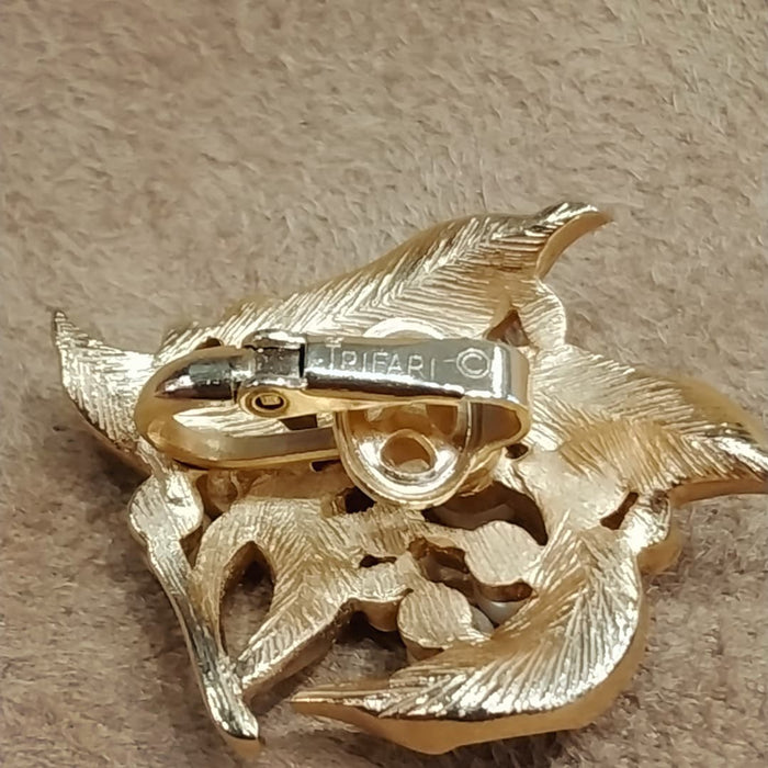 Trifari Golden Crystal Pearl Leafy Earrings Vintage - The Hirst Collection