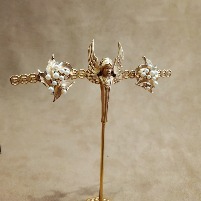 Trifari Golden Crystal Pearl Leafy Earrings Vintage - The Hirst Collection